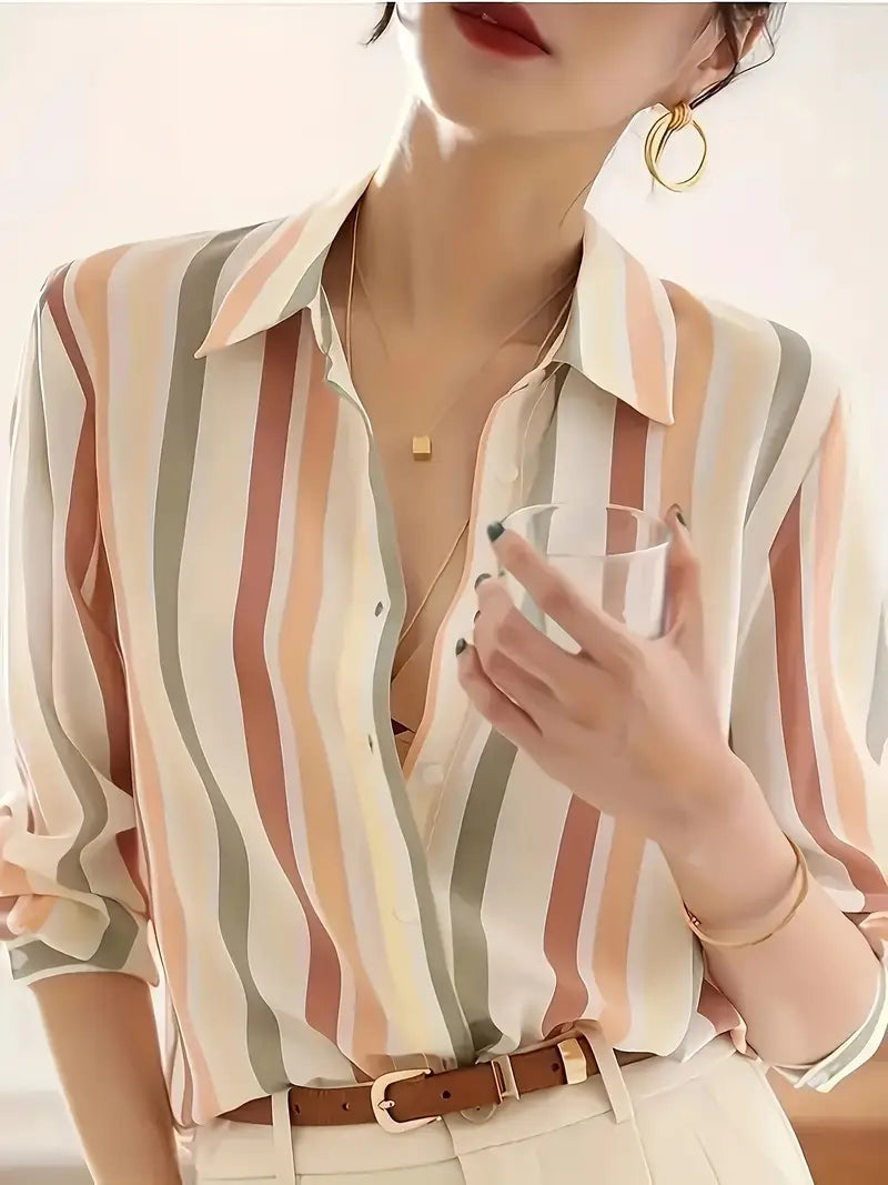 Zyphora – Elegant Striped Blouse with Button Placket