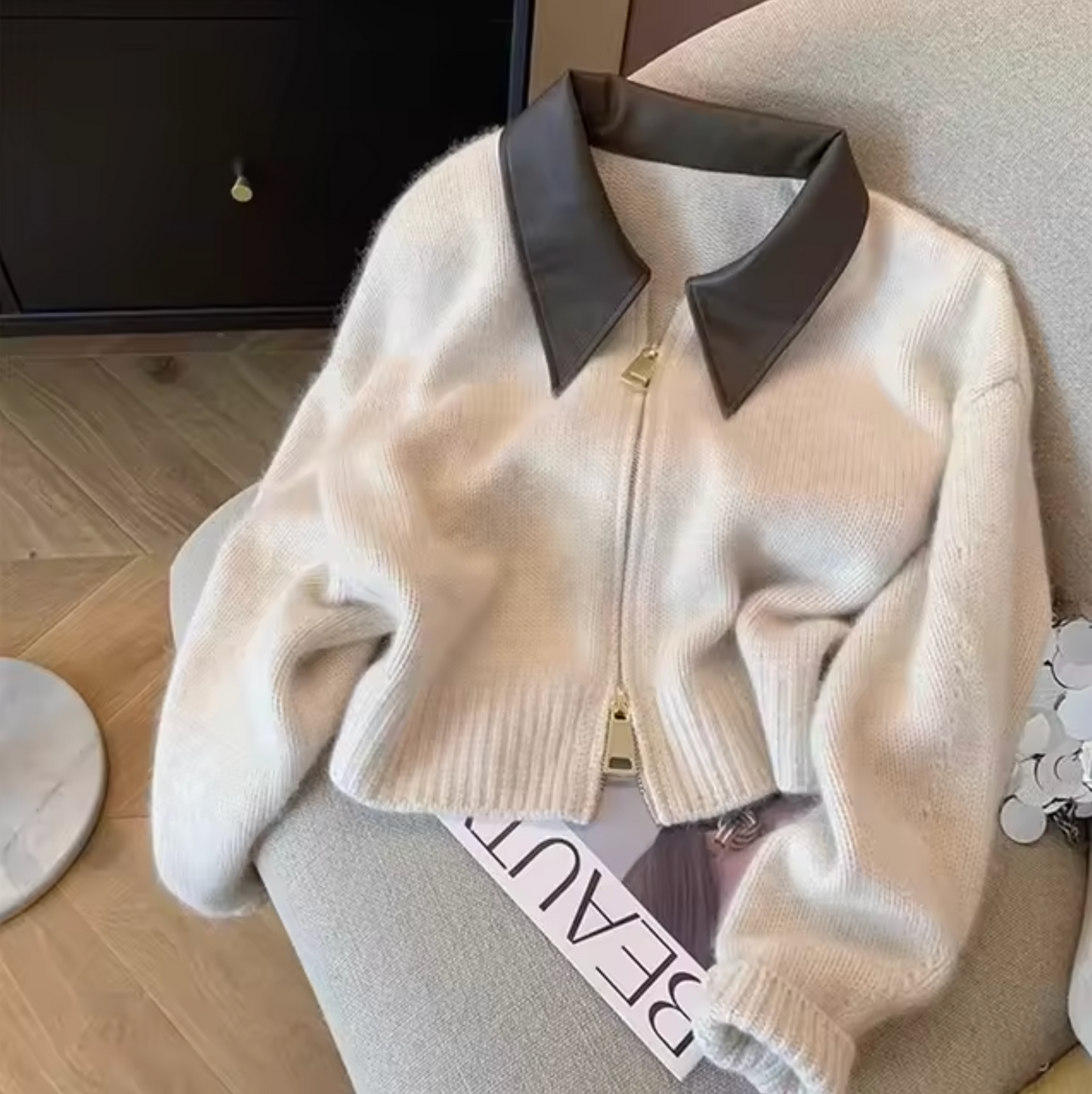 Valentina – Leather Collar Cardigan