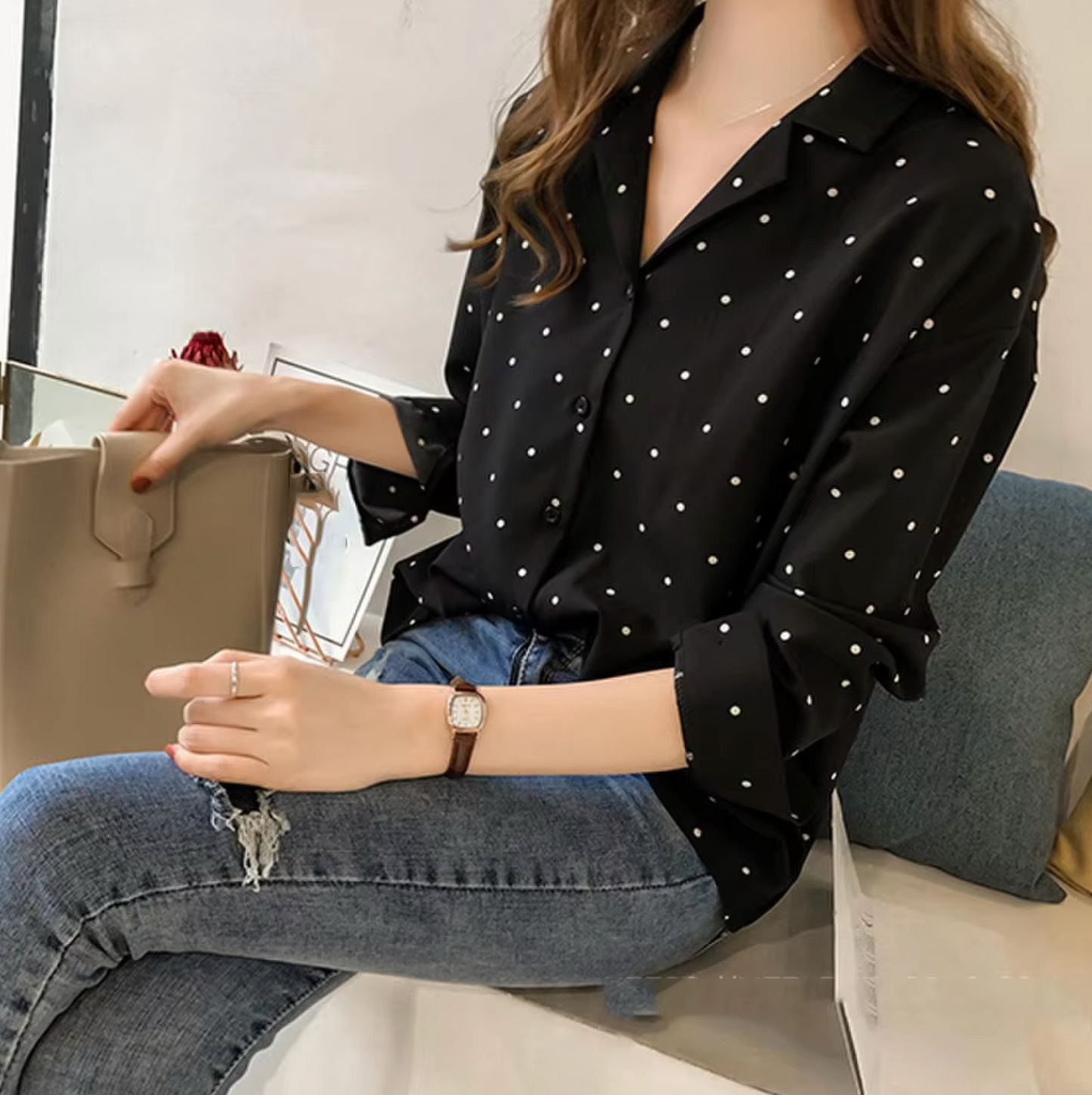 Riya – Chic Polkadots Long-sleeved Blouse