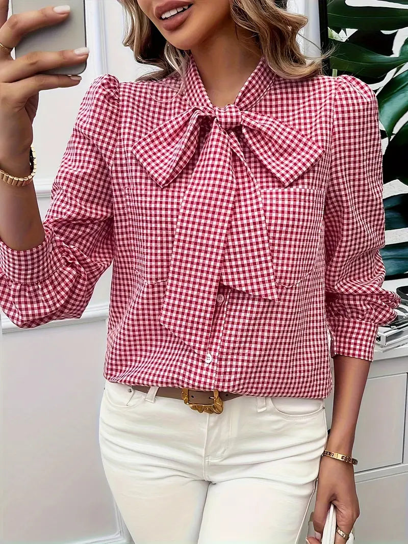 Mortisia – Classic Bow Tie Checkered Blouse