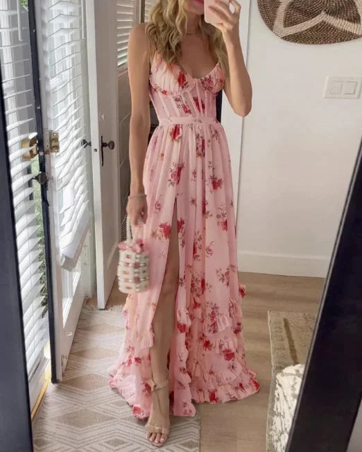 Flaura – Maxi Dress with Floral Ruffle Slit