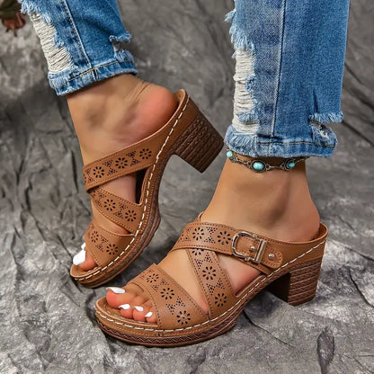 Solienne – Stylish Cut-out Block Heel Slip-on Sandals