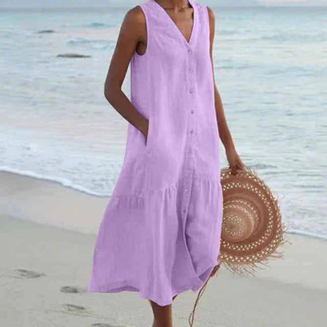 Clea - Sleeveless Cotton Linen V-neck Dress