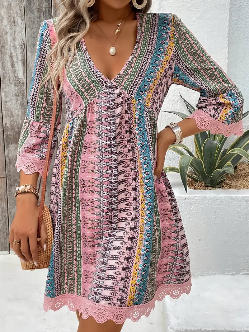 Mindy – Stylish V-neck Boho Print Mini Dress