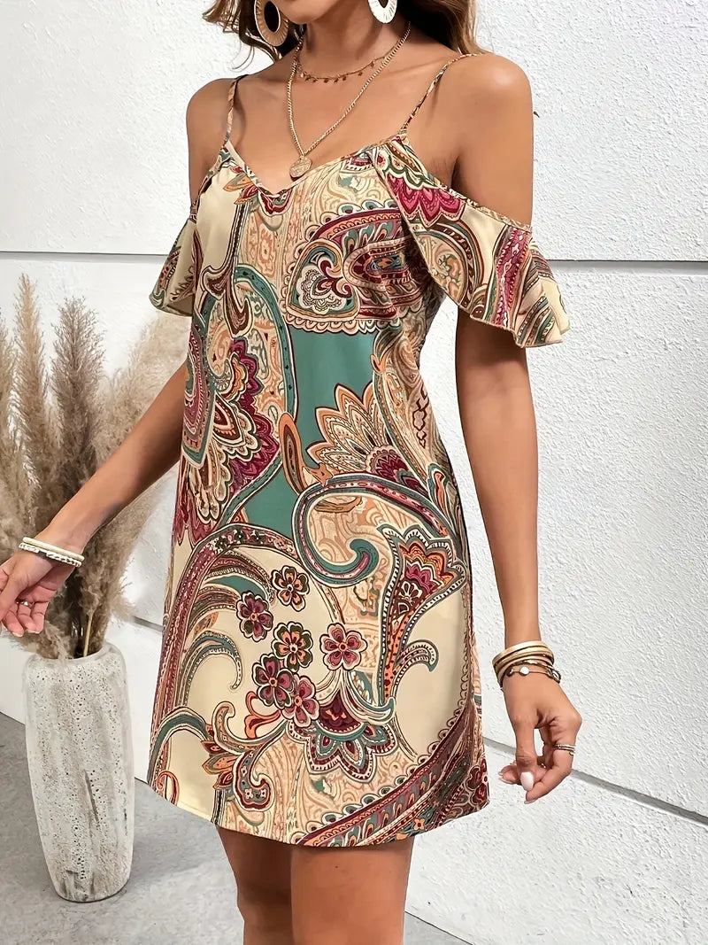 Sylvessa – Bohemian Paisley Off-shoulder Dress