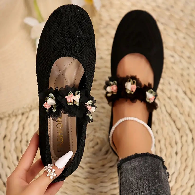 Sylverna - Charming Floral-embellished Knit Flats