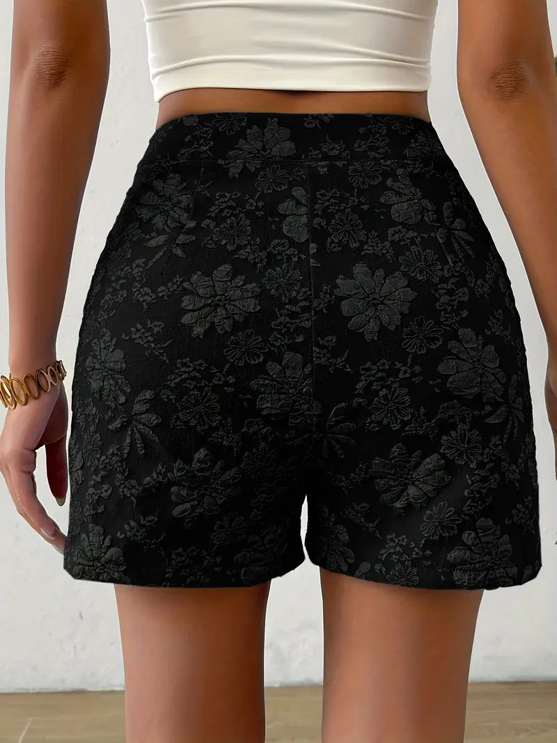 Tazlira – Elegant Floral Embossed High-waist Shorts