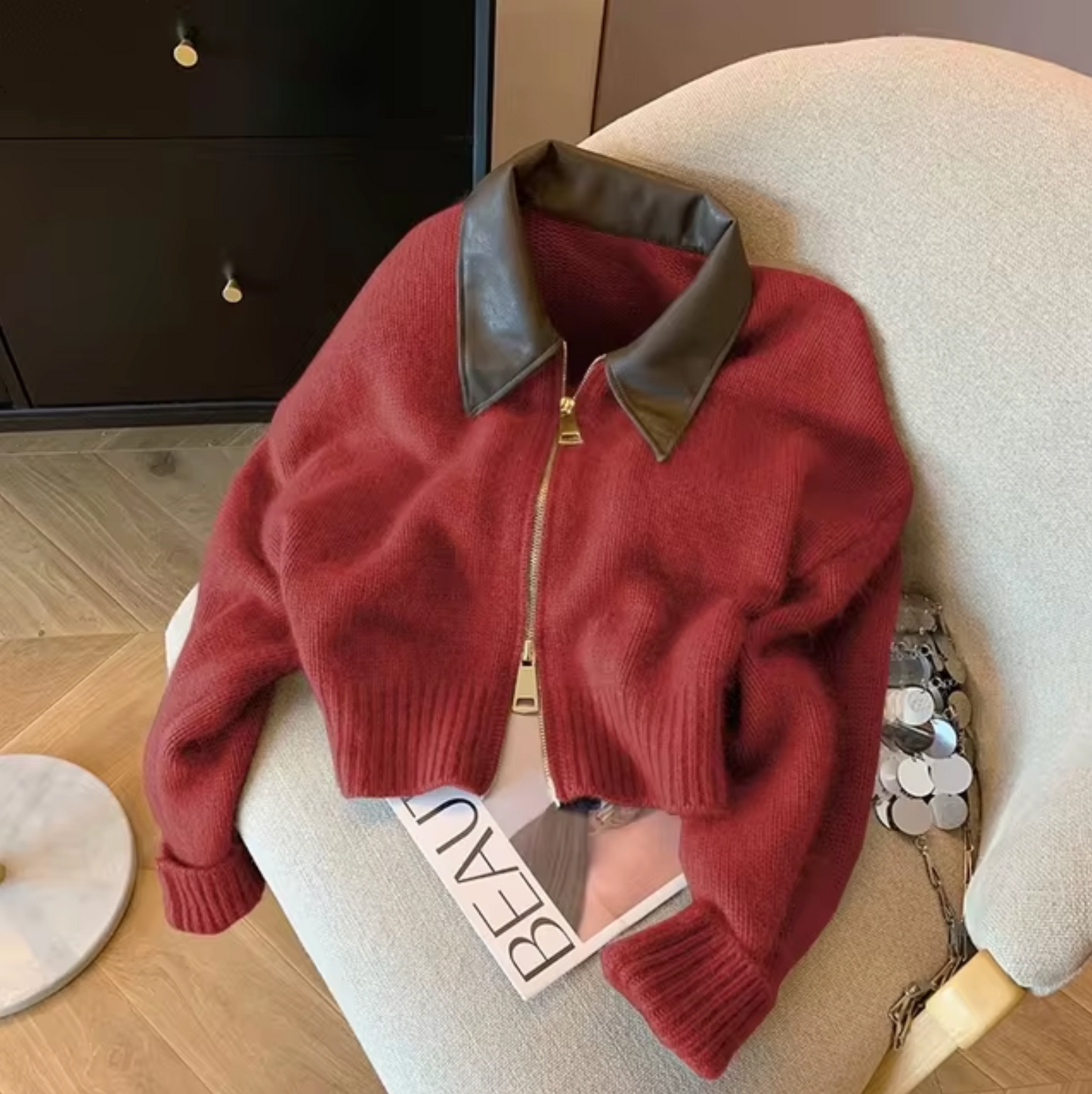 Valentina – Leather Collar Cardigan