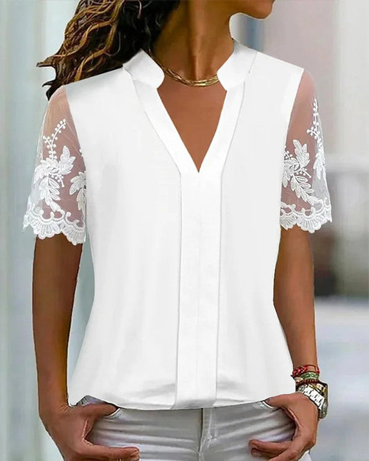Simple, plain patchwork lace top with short sleeves
