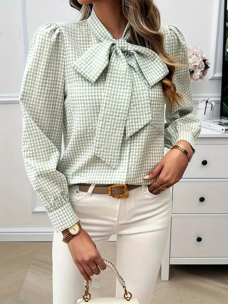 Mortisia – Classic Bow Tie Checkered Blouse