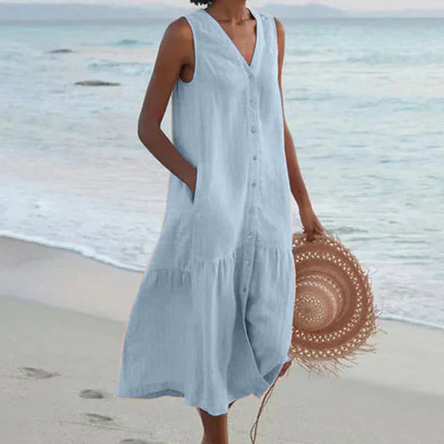 Clea - Sleeveless Cotton Linen V-neck Dress