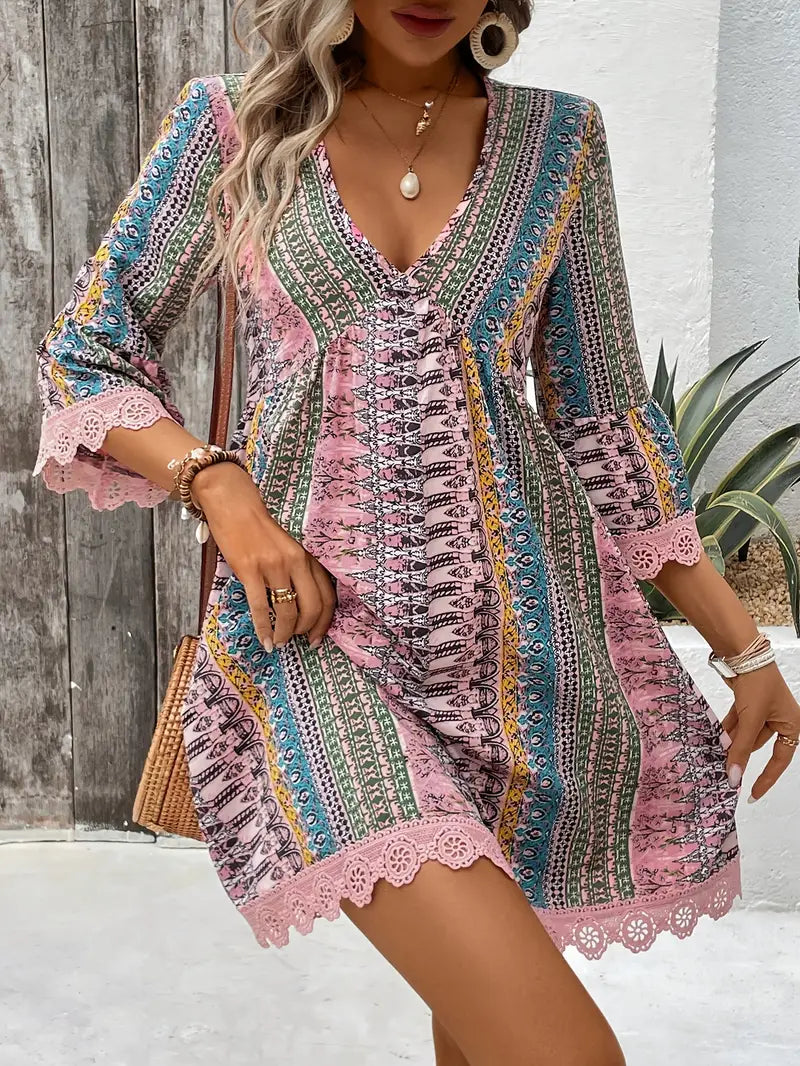 Mindy – Stylish V-neck Boho Print Mini Dress