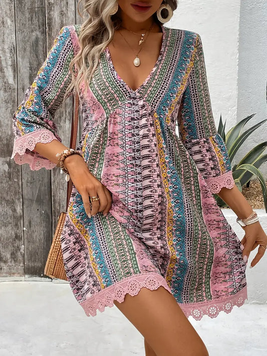 Mindy – Stylish V-neck Boho Print Mini Dress