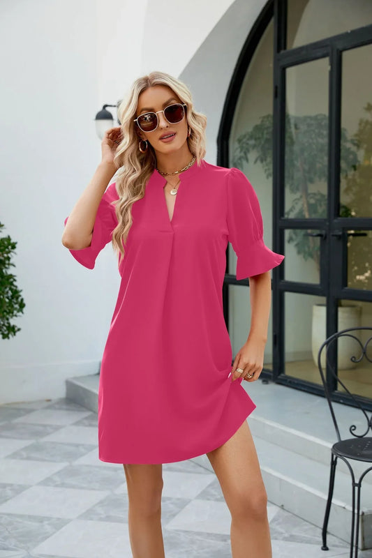 Agatha - Elegant V-neck Puff Sleeves Mini Dress