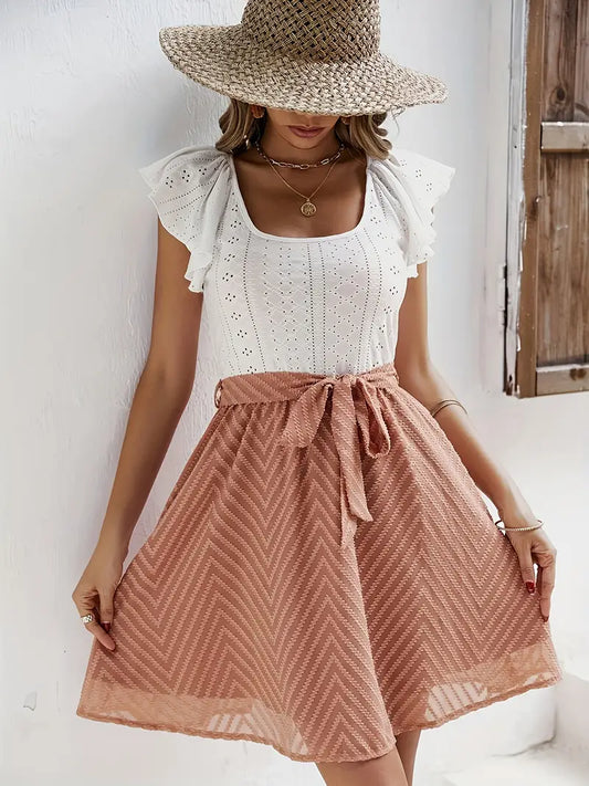 Caliah – Charming Eyelets Ruffle Sleeves Dress