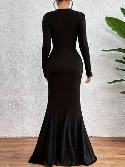 Aniza - V-neck Long Sleeve Mesh Maxi Dress
