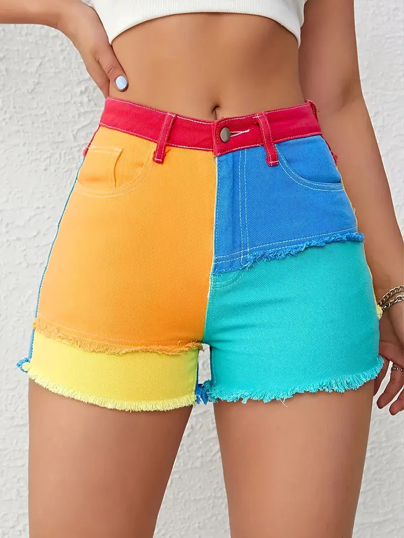 Maica – Vibrant Patchwork Denim Shorts