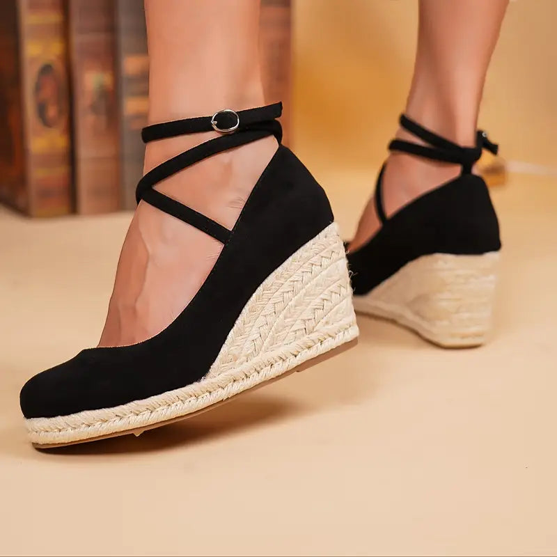 Leija – Black Wedge Espadrilles with Ankle Strap