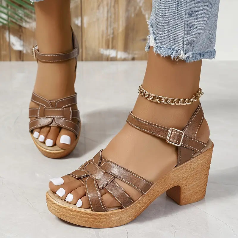 Eldarose – Vintage Woven Chunky Heel Strap Sandals
