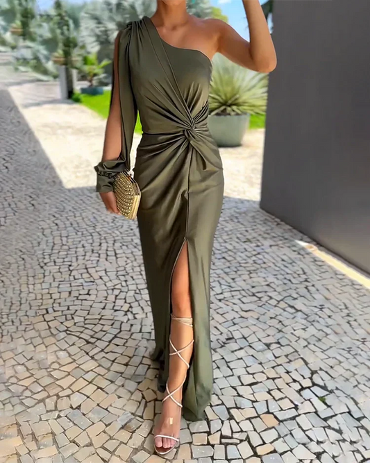Eirlys – Olive Green One-shoulder Evening Dress