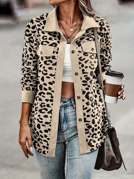 Elliora – Color Block Leopard Print Corduroy Jacket