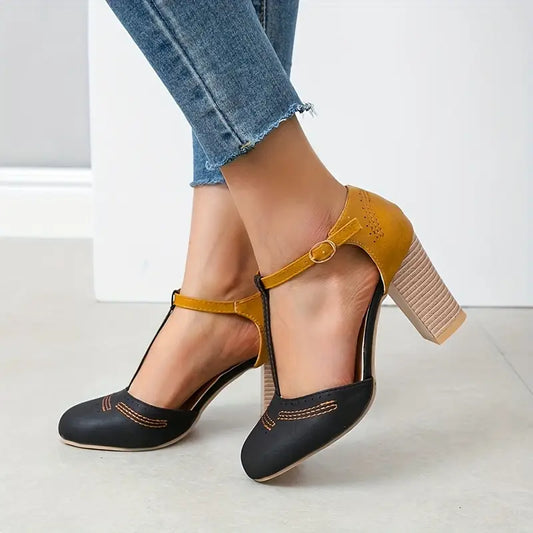 Aureven – Vintage Block Heel T-strap Sandals