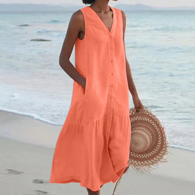 Clea - Sleeveless Cotton Linen V-neck Dress