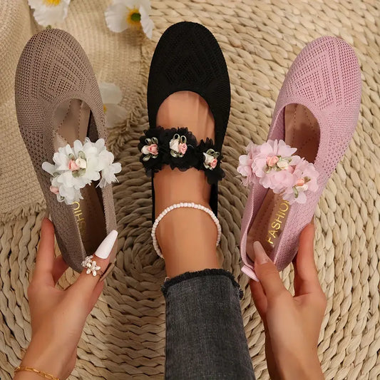 Sylverna - Charming Floral-embellished Knit Flats