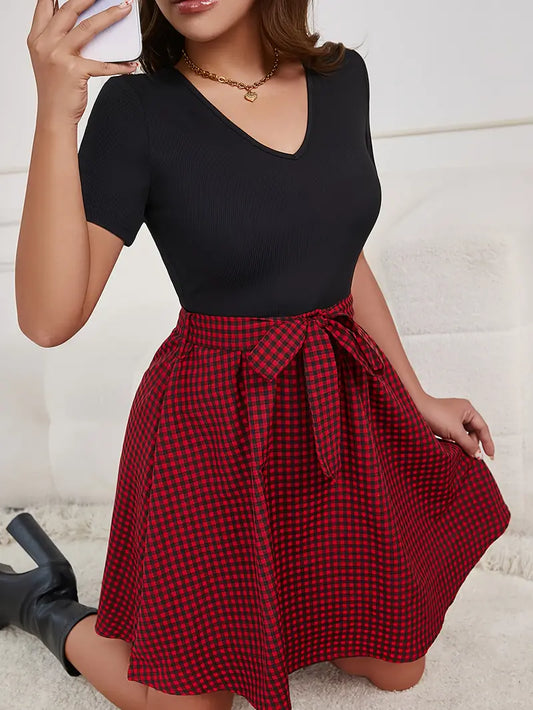 Merlina – Classic V-neck Dress with Gingham Skirt