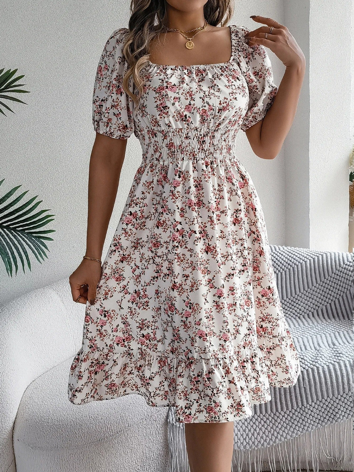 Salvora – Elegant Square Neckline Floral Dress