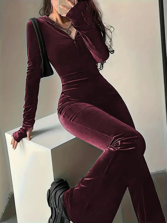 Mimi – Velvet Hooded Jumpsuit