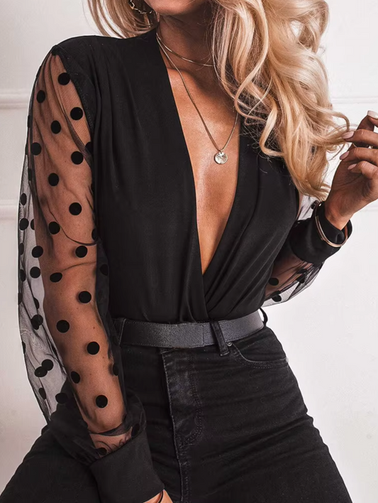 Lizette – Deep V-neck Mesh Sleeved Blouse