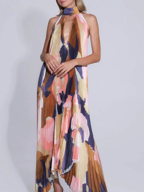 Mirelda – Abstract Printe Halterneck Pleated Maxi Dress