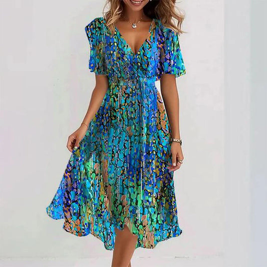 Frenna - Vibrant V-neck Abstract Print Midi Dress