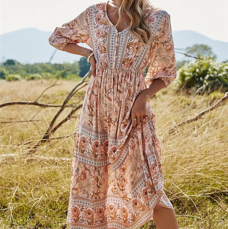 Mahlia – Boho Floral Midi Dress with V-neck