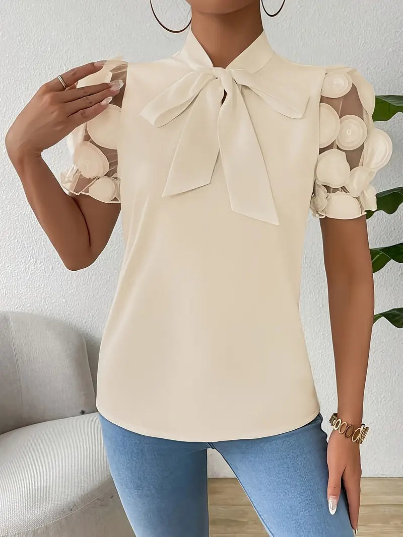 Iscaria – Elegant Bow Tie and Mesh Sleeves Blouse