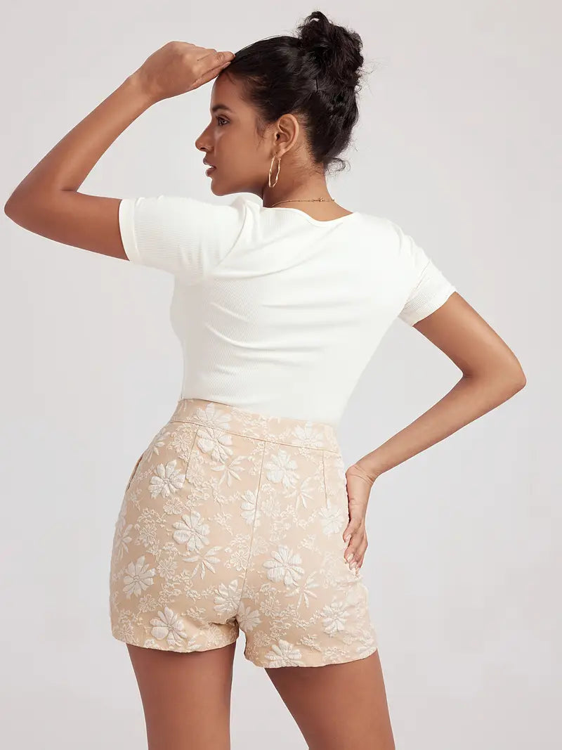 Tazlira – Elegant Floral Embossed High-waist Shorts