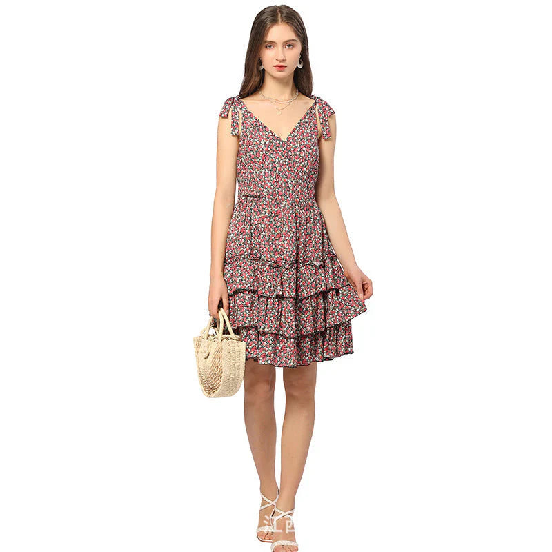 Lorevina – Tiered Ruffle Floral Mini Dress with Tie Straps