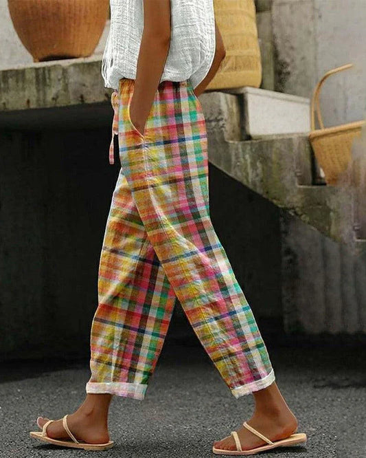 Gerlyn – Women’s Colorful Checked Linen Drawstring Trousers