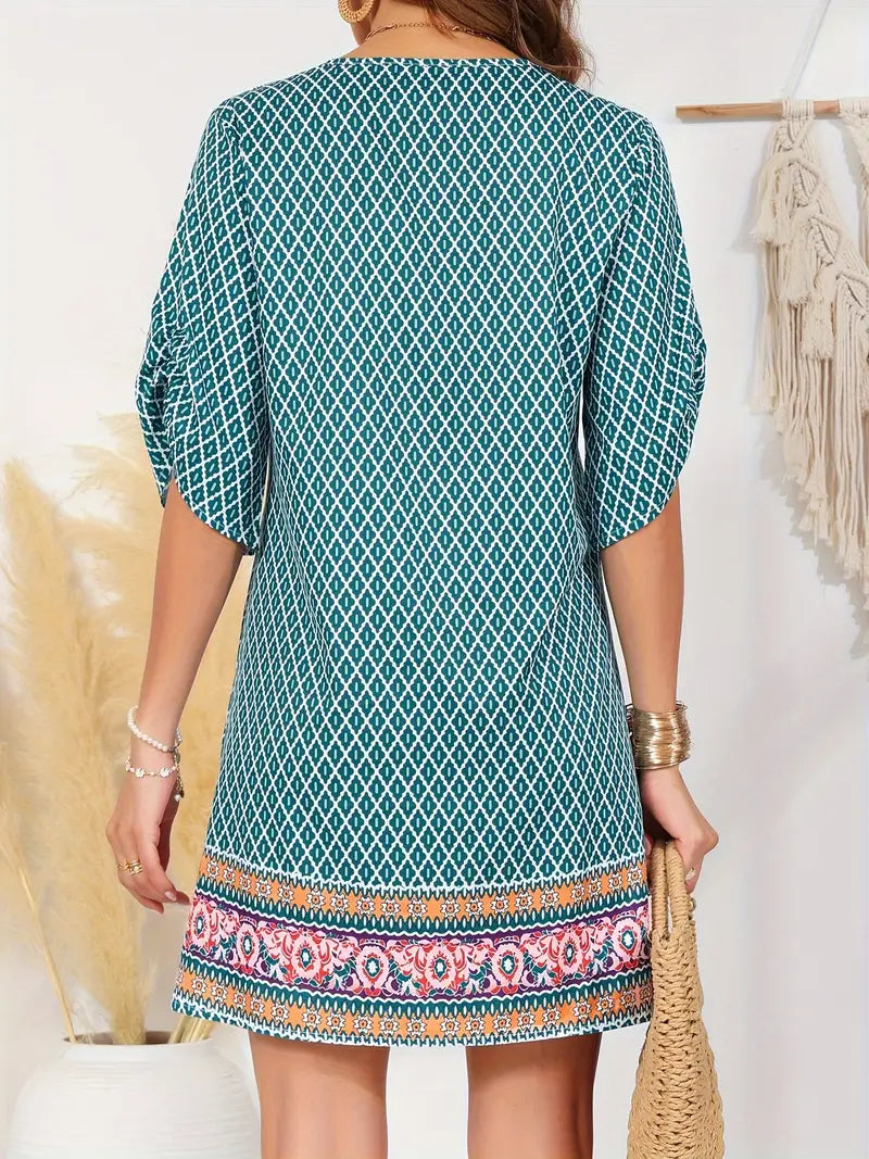 Zariah – Charming V-neck Boho Print Tunic Dress