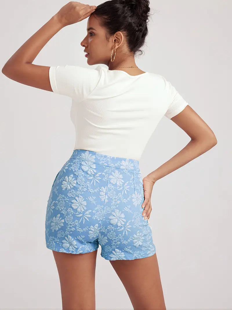 Tazlira – Elegant Floral Embossed High-waist Shorts
