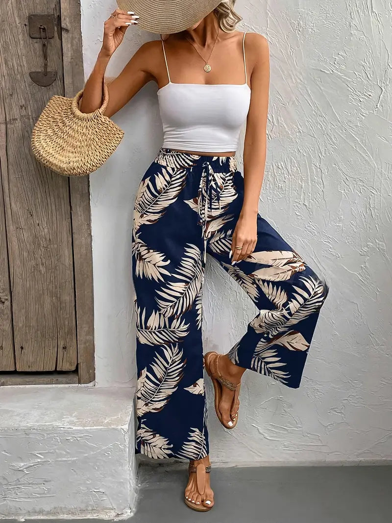 Denielle – Stylish Leaf Printed Wide-leg Trousers