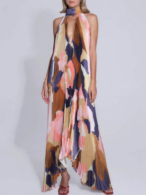 Mirelda – Abstract Printe Halterneck Pleated Maxi Dress