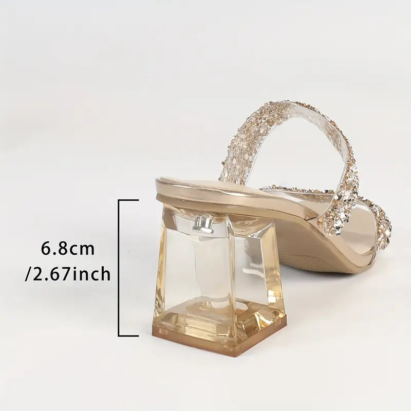 Melisette – Transparent Block Heel Glitter Strap Sandals