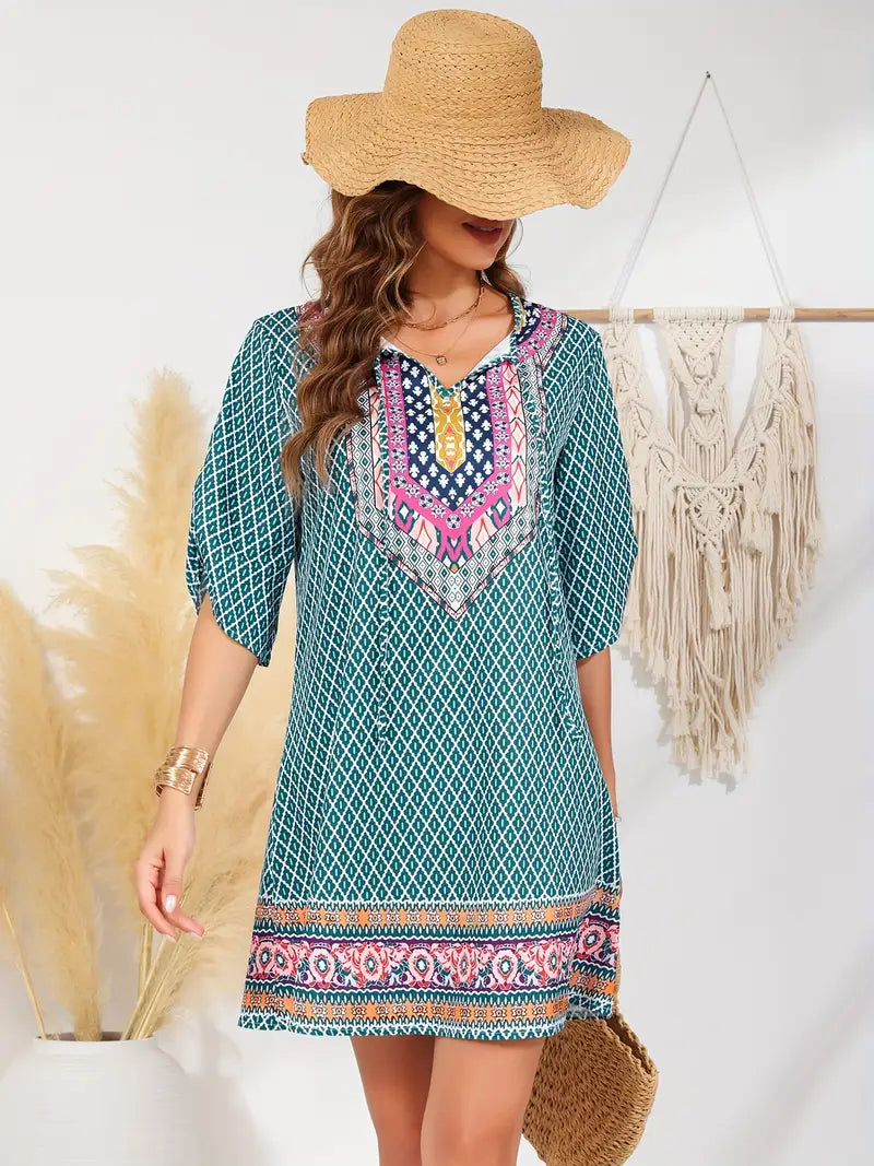 Zariah – Charming V-neck Boho Print Tunic Dress