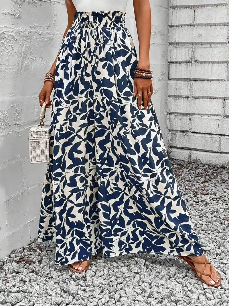 Ivy – Navy Wide Leg trousers with Leaf Print