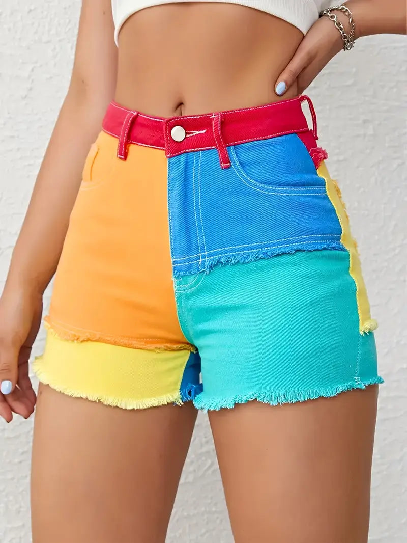 Maica – Vibrant Patchwork Denim Shorts