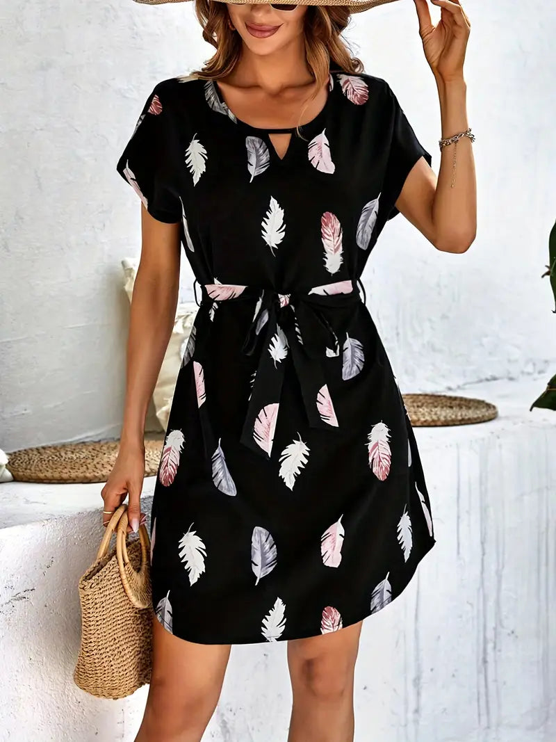Jodi – Black Feather Print Mini Dress with Belt