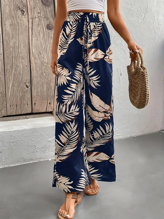 Denielle – Stylish Leaf Printed Wide-leg Trousers