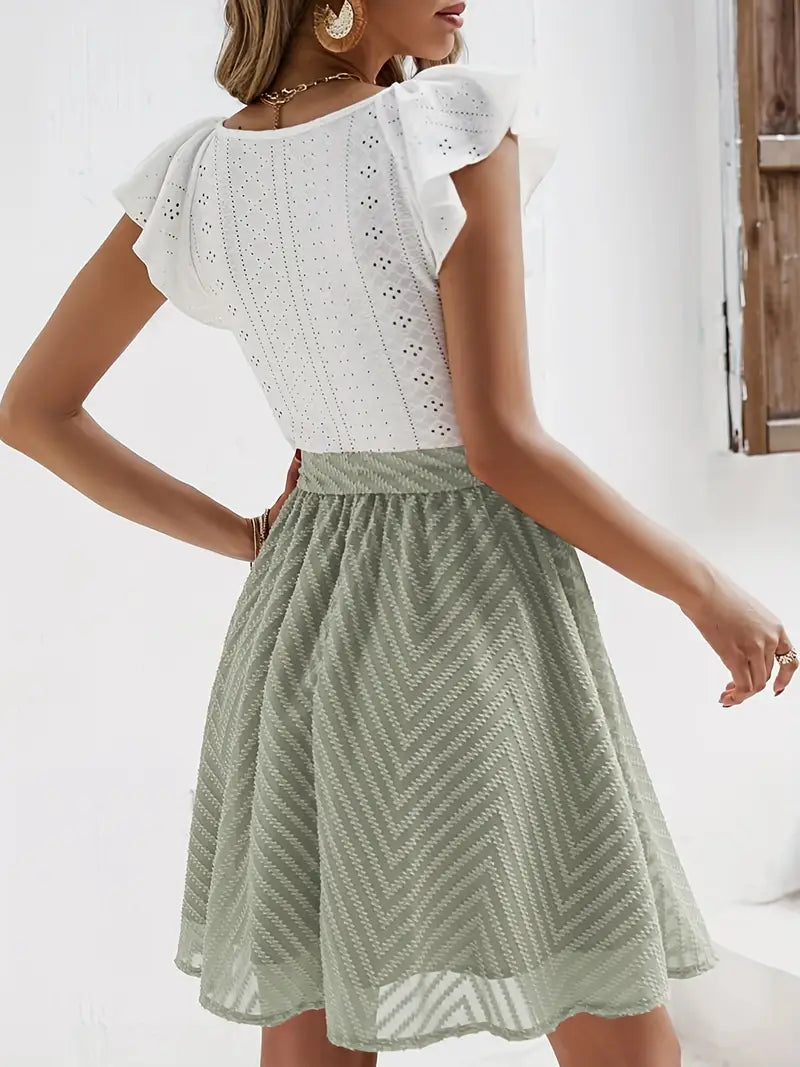 Caliah – Charming Eyelets Ruffle Sleeves Dress